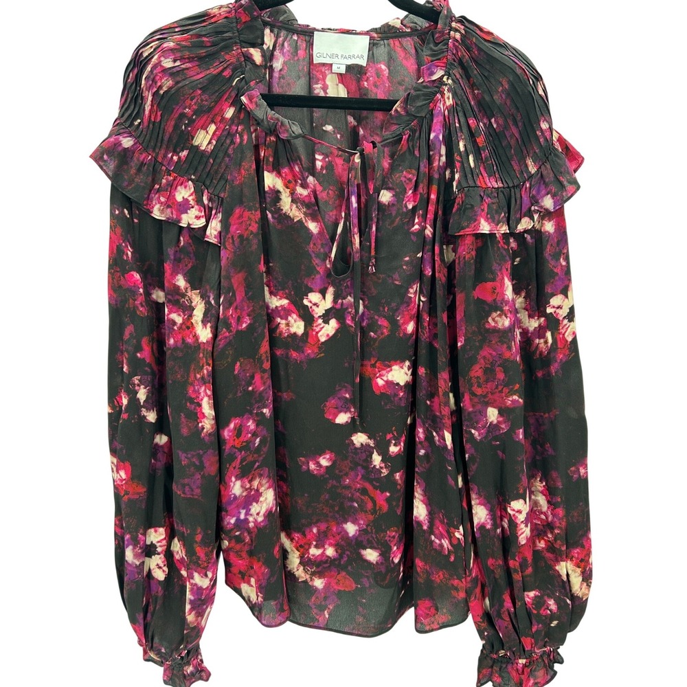 GILNER FARRAR Ellie Moody Sheer Floral Print Ruffled Neck Tie Neck Blouse Size M